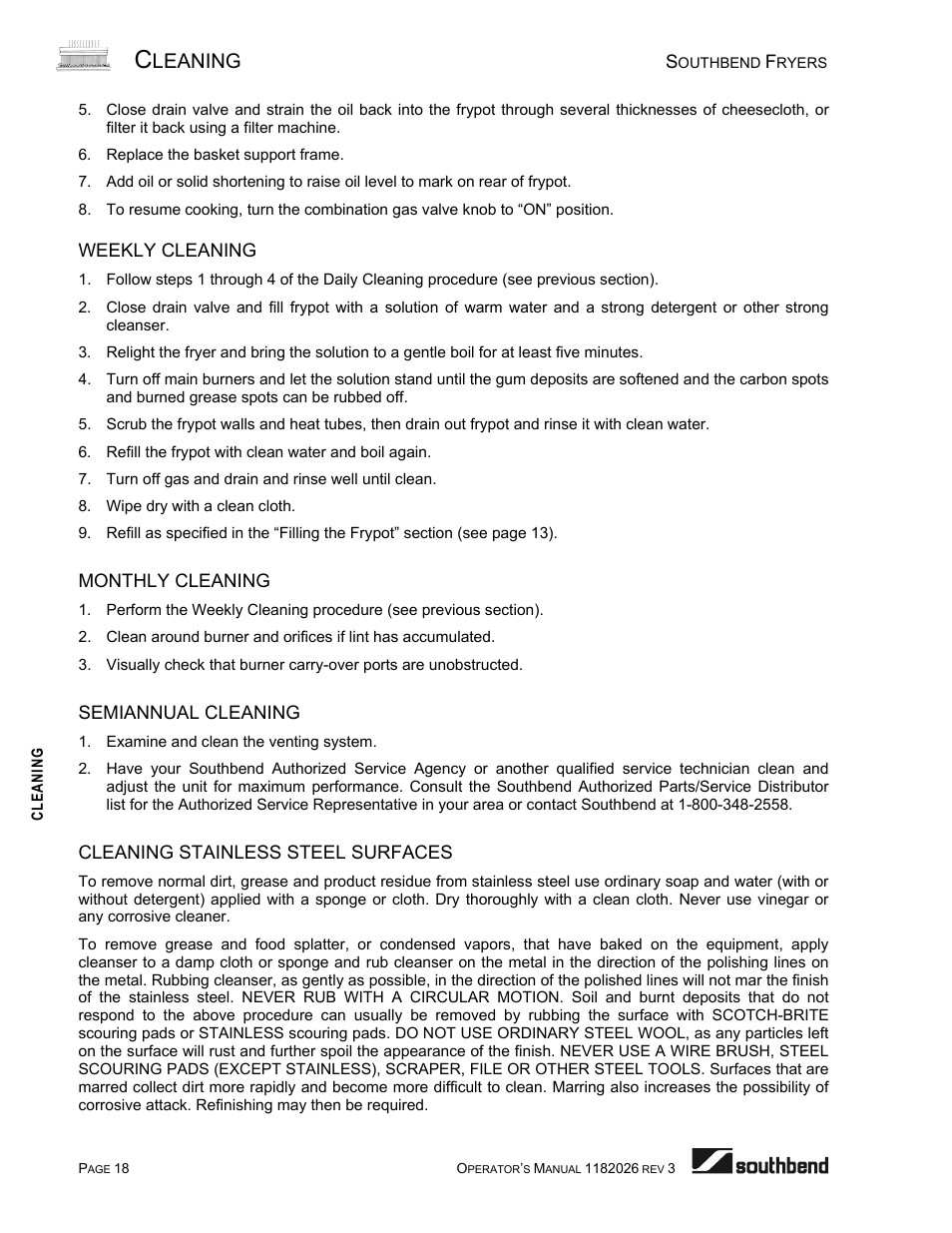 Weekly cleaning, Monthly cleaning, Semiannual cleaning | Cleaning stainless steel surfaces, Leaning | Southbend 35-Pound Fryer User Manual | Page 18 / 40