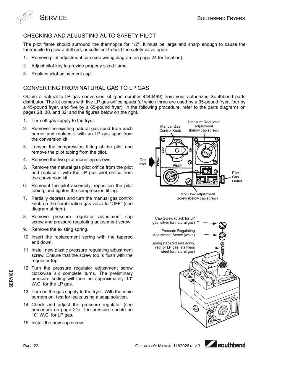 Checking and adjusting auto safety pilot, Converting from natural gas to lp gas, Ervice | Southbend 35-Pound Fryer User Manual | Page 22 / 40