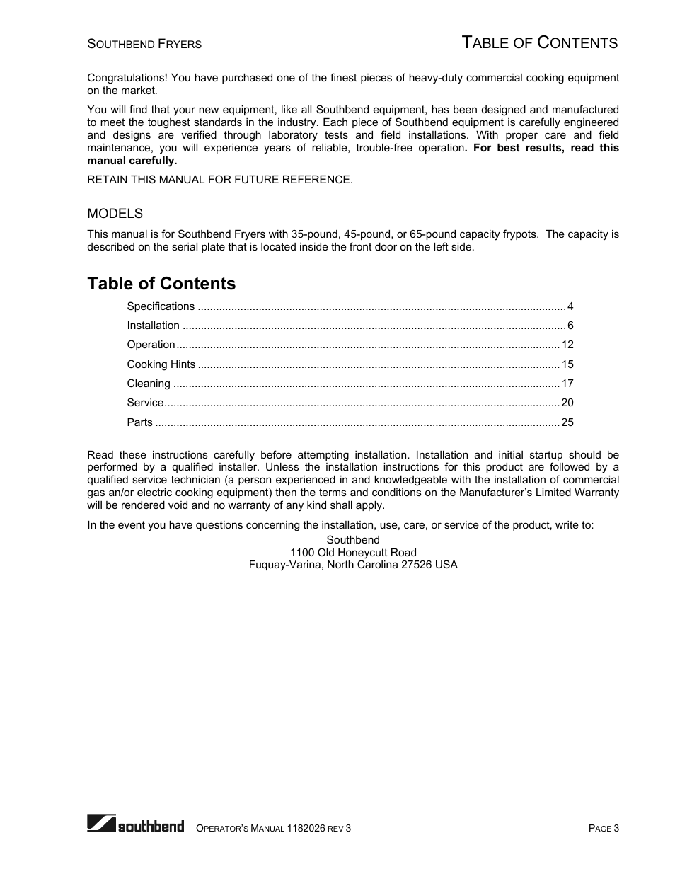 Southbend 35-Pound Fryer User Manual | Page 3 / 40