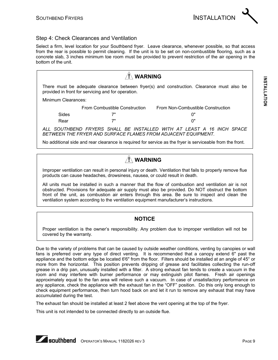 Step 4: check clearances and ventilation, Nstallation | Southbend 35-Pound Fryer User Manual | Page 9 / 40