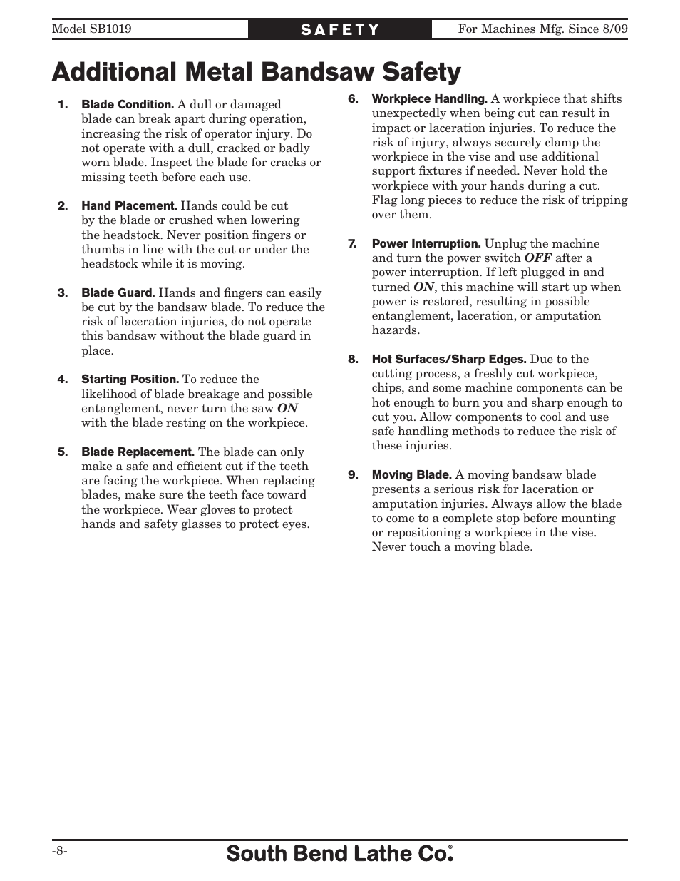 Additional metal bandsaw safety | Southbend METAL-CUTTING BANDSAW SB1019 User Manual | Page 10 / 56