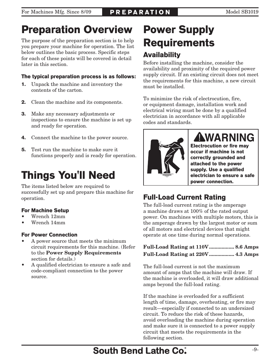 Preparation overview, Things you'll need power supply requirements, Availability | Full-load current rating | Southbend METAL-CUTTING BANDSAW SB1019 User Manual | Page 11 / 56