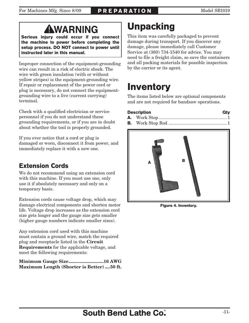 Unpacking, Inventory, Extension cords | Southbend METAL-CUTTING BANDSAW SB1019 User Manual | Page 13 / 56