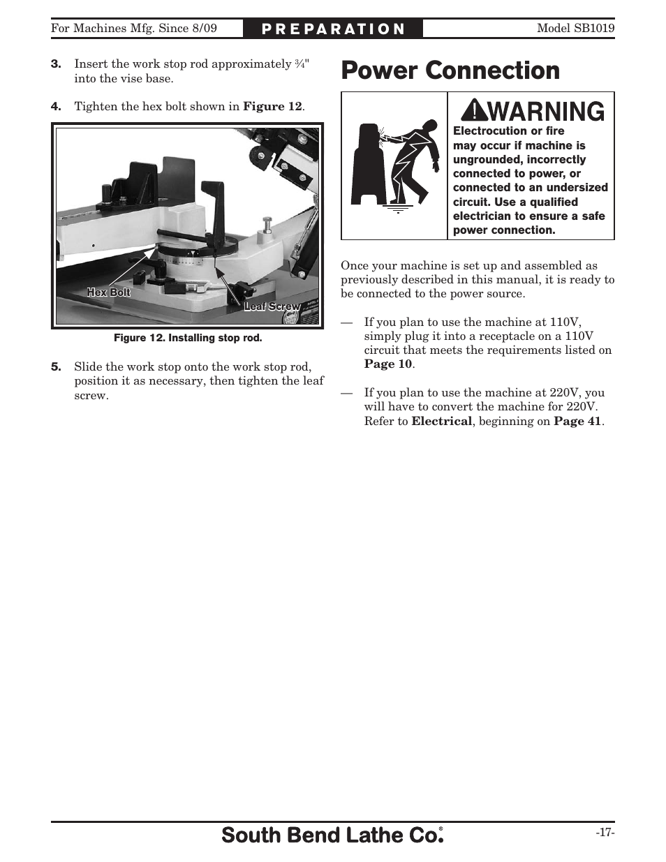 Power connection | Southbend METAL-CUTTING BANDSAW SB1019 User Manual | Page 19 / 56