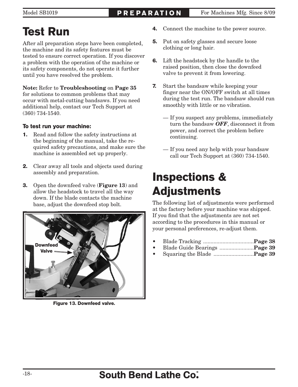 Test run, Inspections & adjustments | Southbend METAL-CUTTING BANDSAW SB1019 User Manual | Page 20 / 56