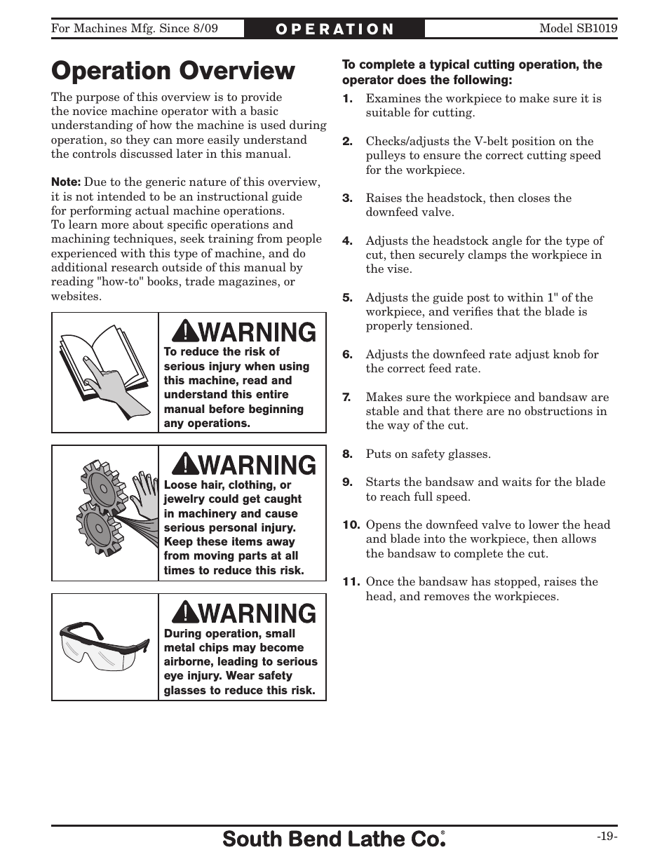 Operation overview | Southbend METAL-CUTTING BANDSAW SB1019 User Manual | Page 21 / 56