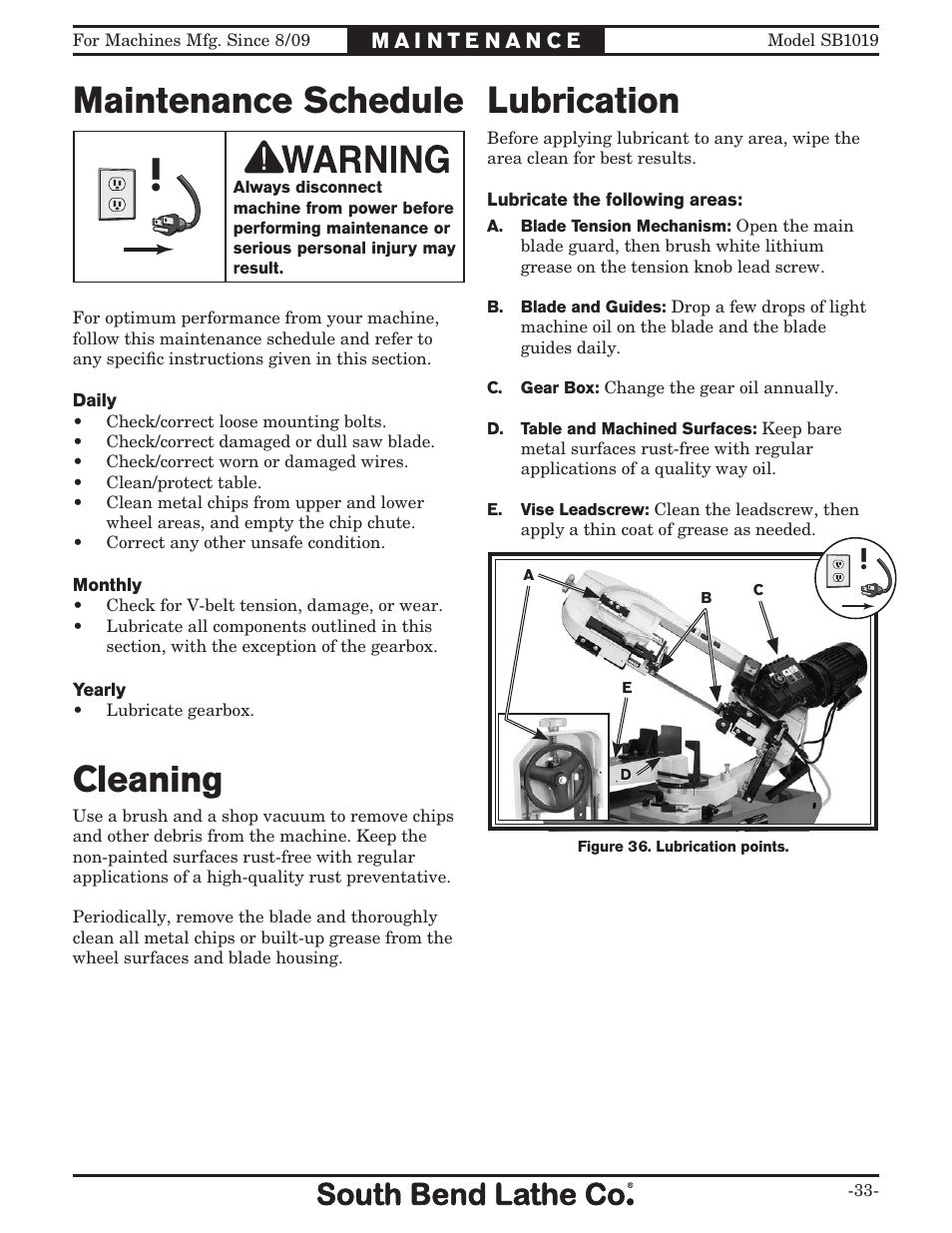 Maintenance schedule, Cleaning, Lubrication | Southbend METAL-CUTTING BANDSAW SB1019 User Manual | Page 35 / 56
