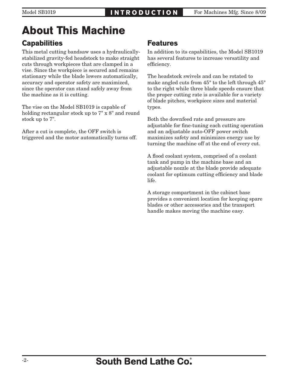 About this machine, Capabilities, Features | Southbend METAL-CUTTING BANDSAW SB1019 User Manual | Page 4 / 56