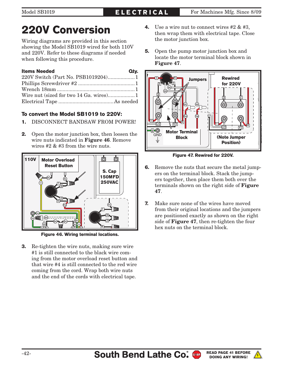 220v conversion, 220 vac, 110 vac | Southbend METAL-CUTTING BANDSAW SB1019 User Manual | Page 44 / 56