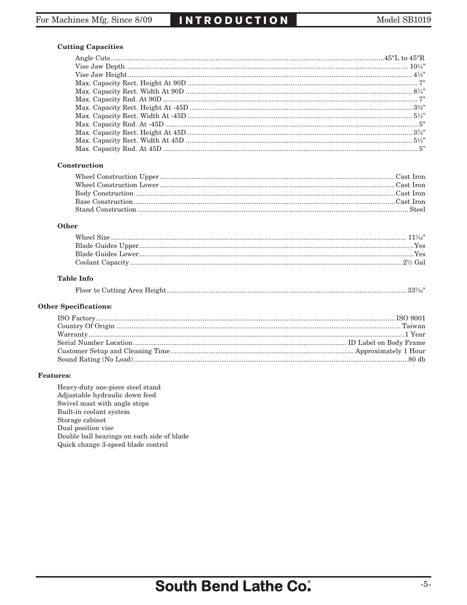 Southbend METAL-CUTTING BANDSAW SB1019 User Manual | Page 7 / 56