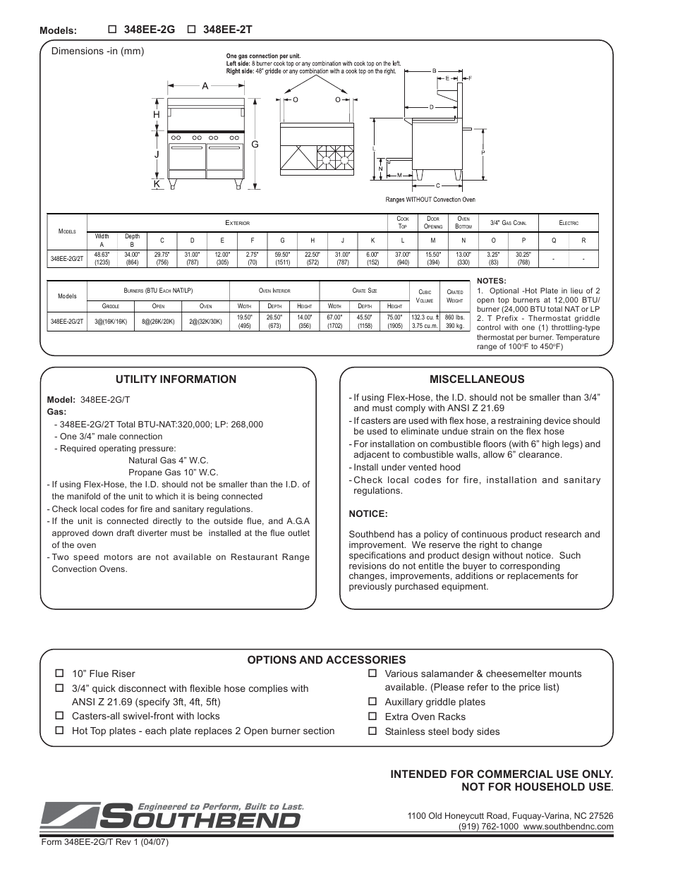 348ee-2g, Models, Dimensions -in (mm) | Southbend 300 Series User Manual | Page 2 / 2