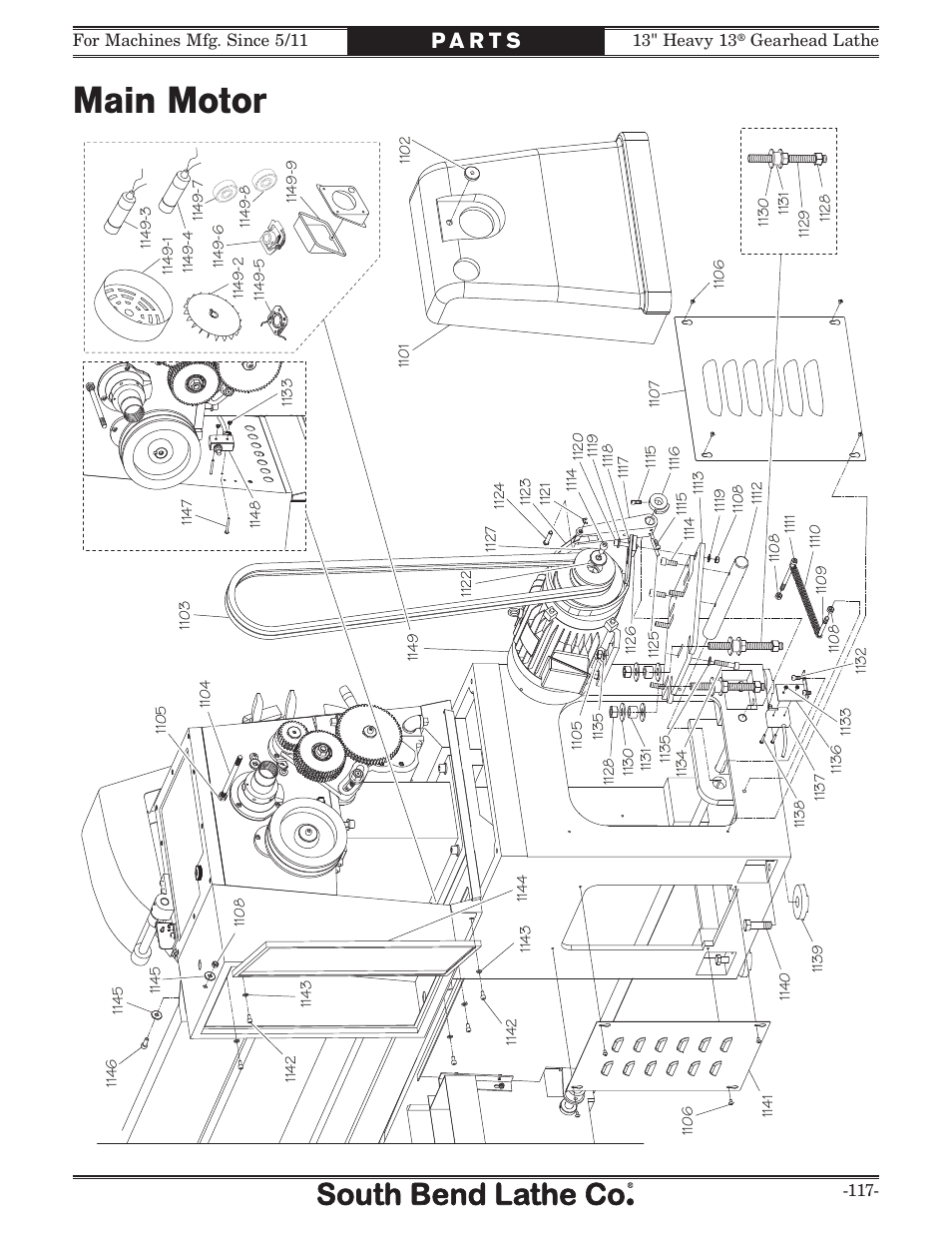 Main motor | Southbend 13" Heavy 13 Gearhead lathe SB User Manual | Page 119 / 132