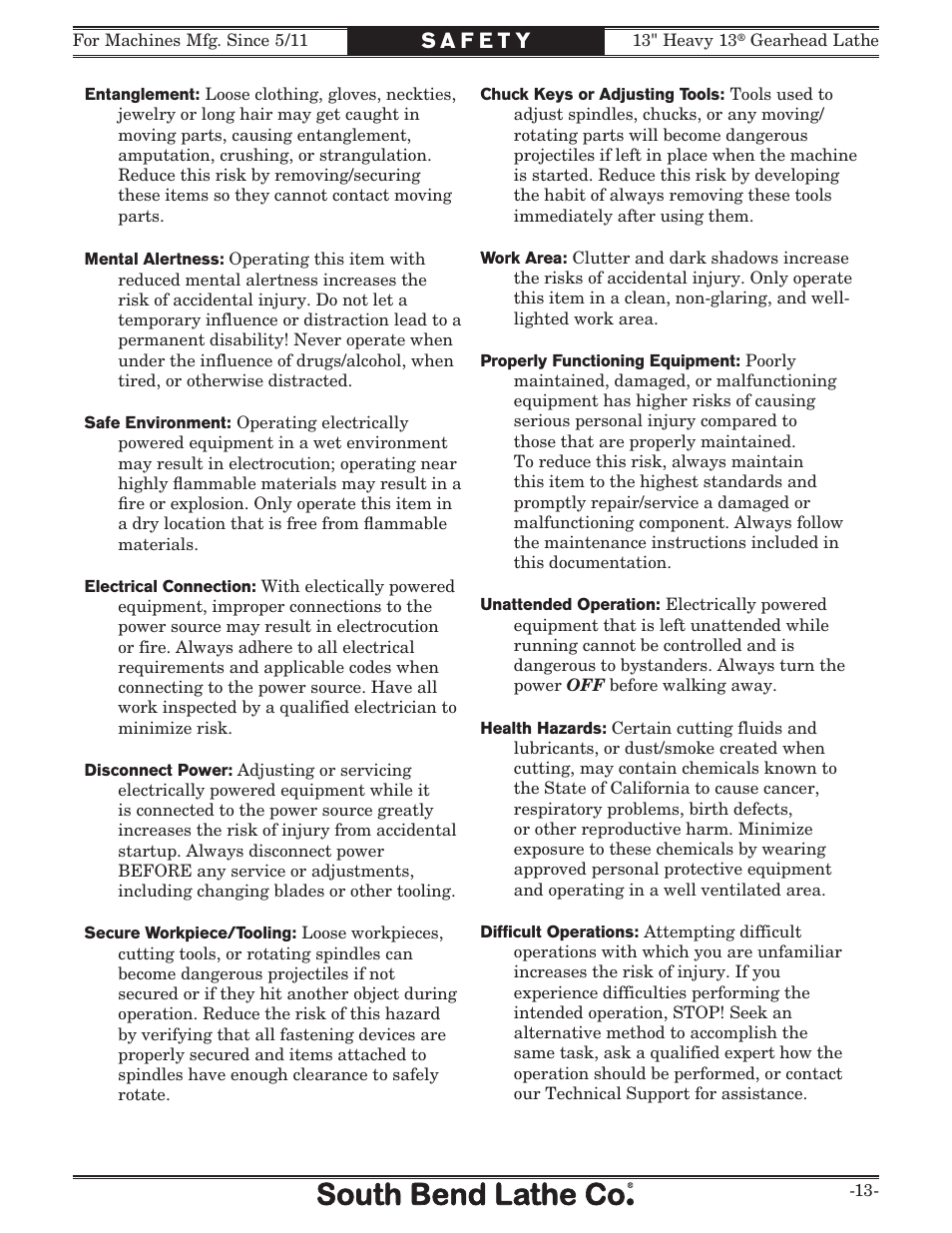 Southbend 13" Heavy 13 Gearhead lathe SB User Manual | Page 15 / 132