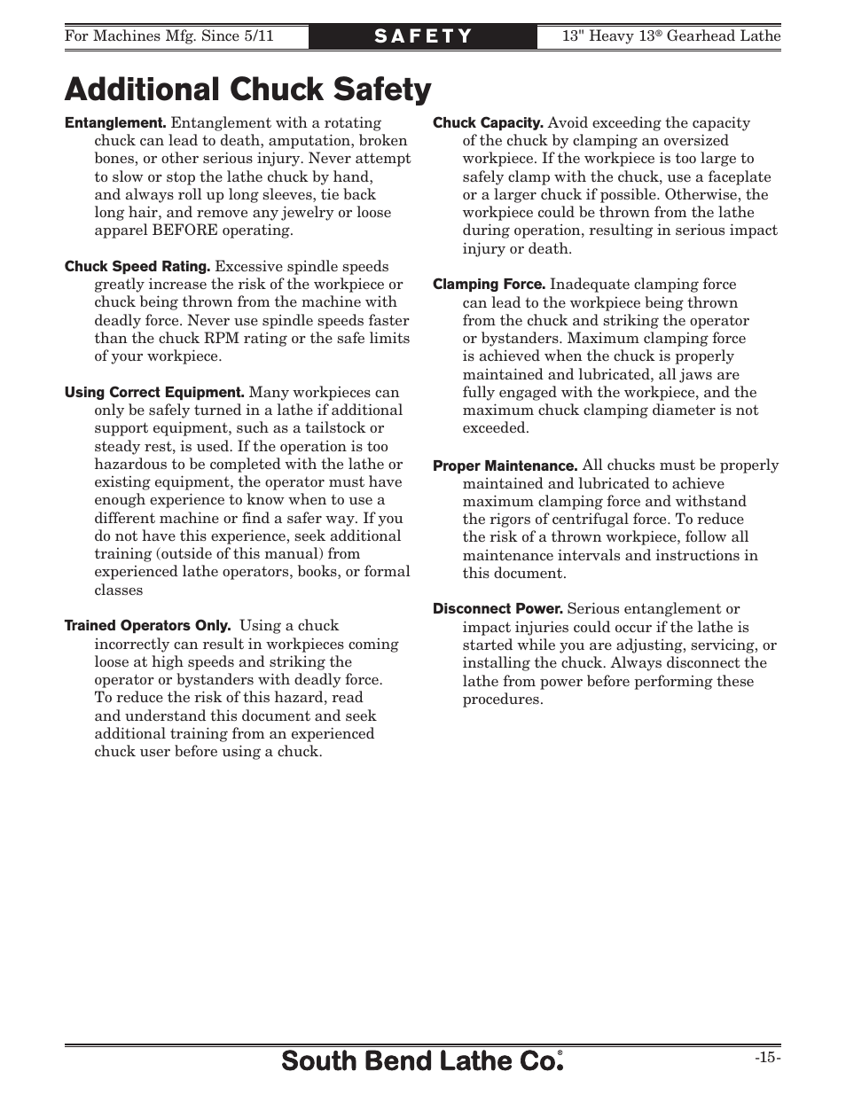 Additional chuck safety | Southbend 13" Heavy 13 Gearhead lathe SB User Manual | Page 17 / 132