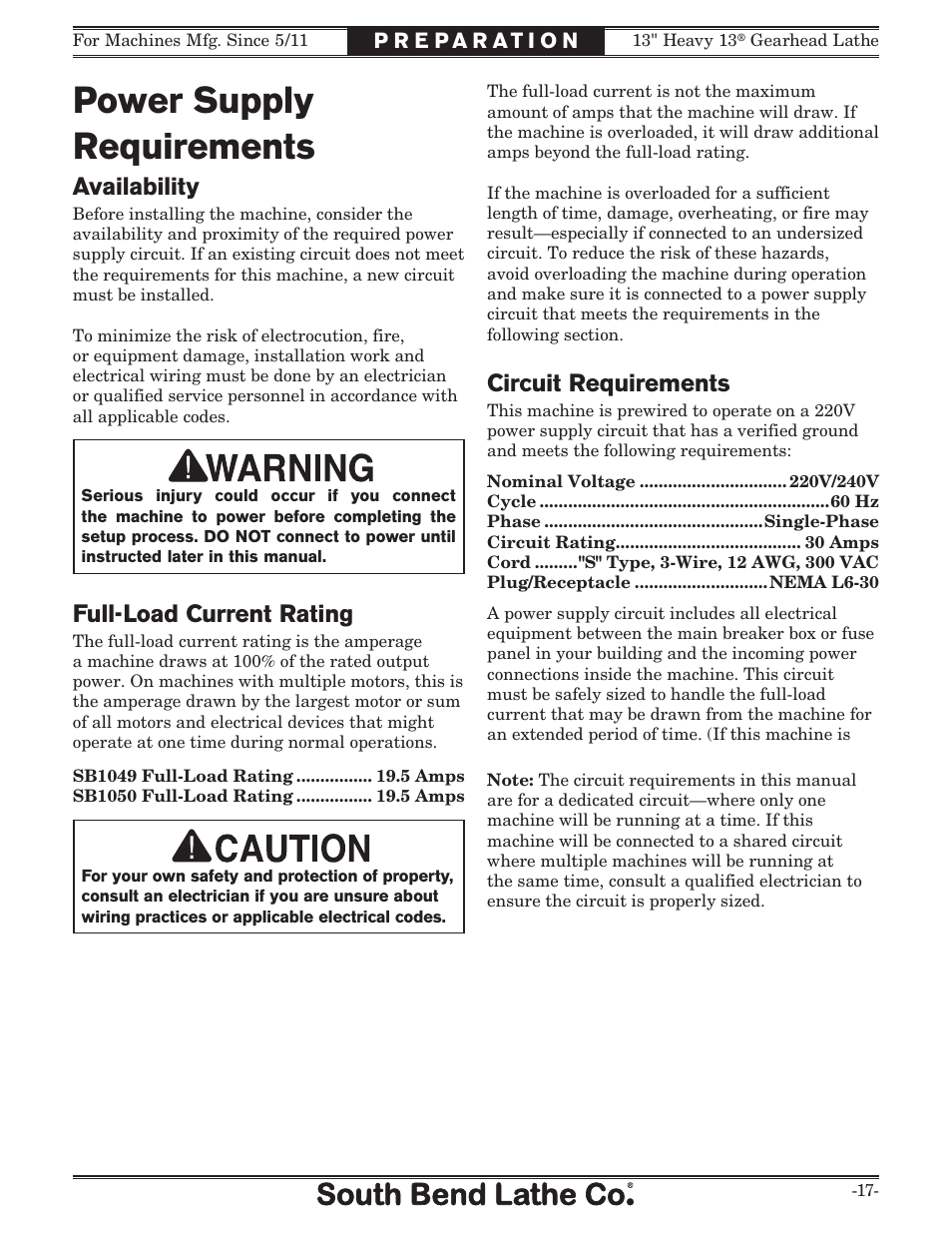 Power supply requirements, Availability, Full-load current rating | Circuit requirements | Southbend 13" Heavy 13 Gearhead lathe SB User Manual | Page 19 / 132