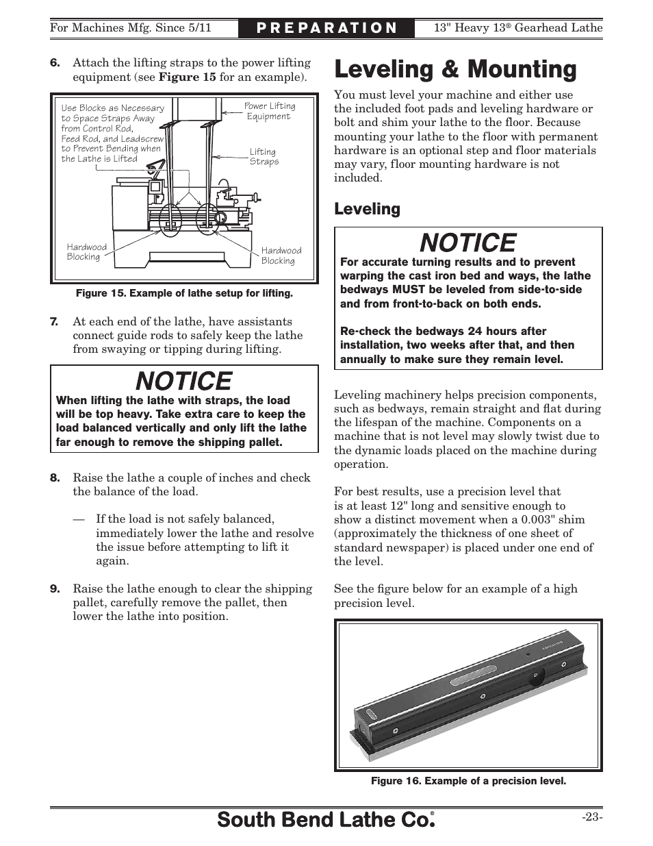 Leveling & mounting, Leveling | Southbend 13" Heavy 13 Gearhead lathe SB User Manual | Page 25 / 132