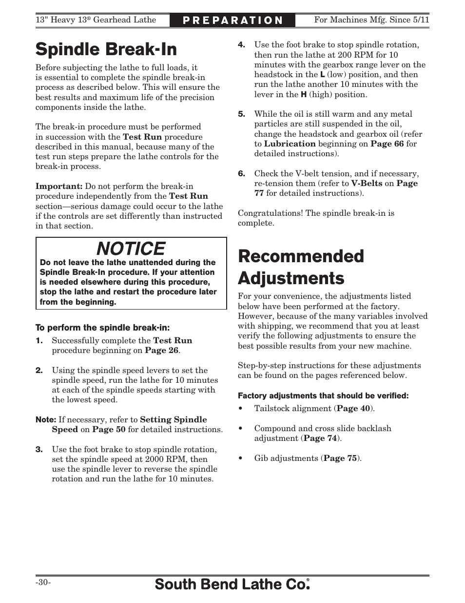 Spindle break-in, Recommended adjustments | Southbend 13" Heavy 13 Gearhead lathe SB User Manual | Page 32 / 132