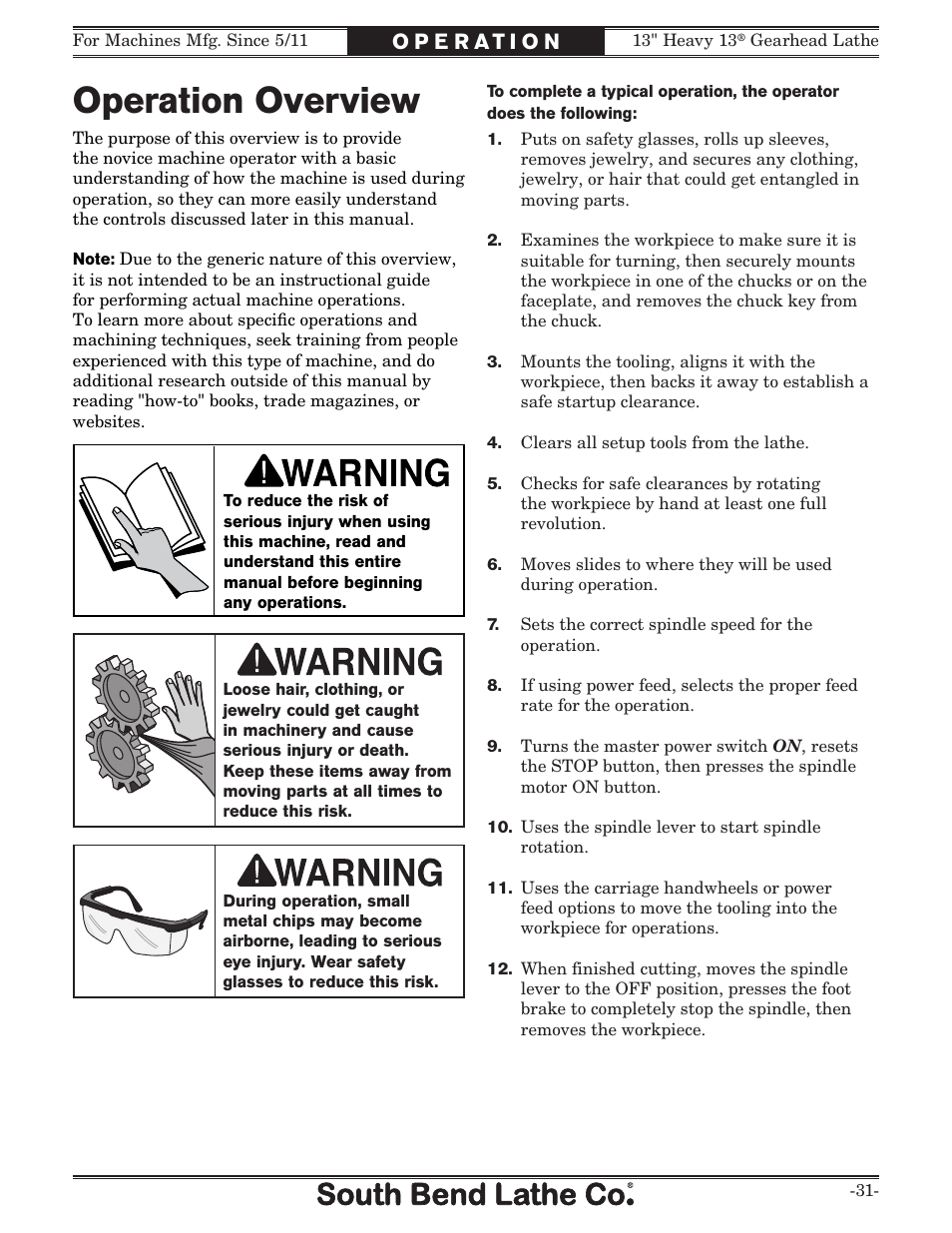 Operation overview | Southbend 13" Heavy 13 Gearhead lathe SB User Manual | Page 33 / 132