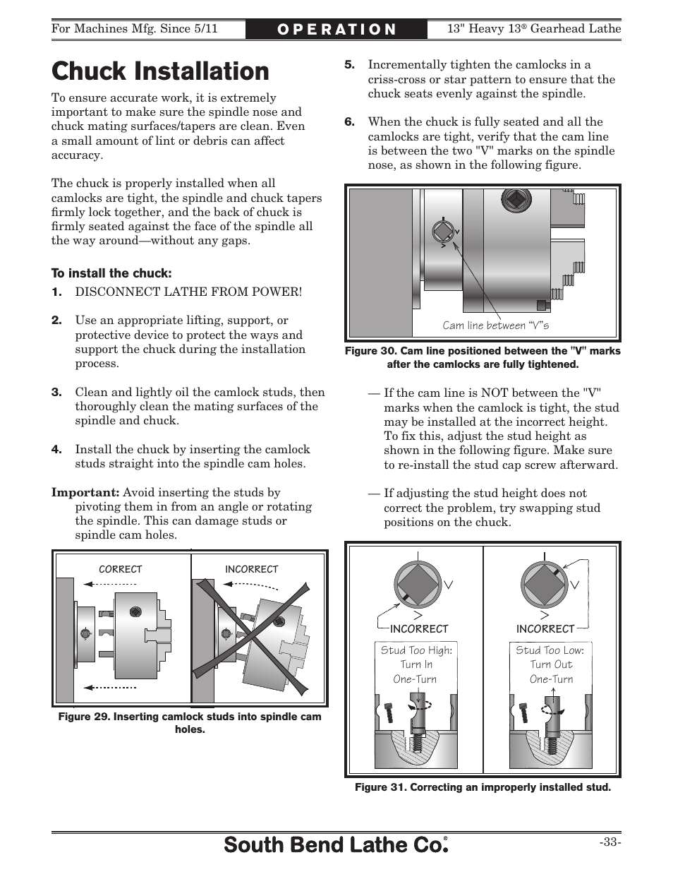 Chuck installation | Southbend 13" Heavy 13 Gearhead lathe SB User Manual | Page 35 / 132