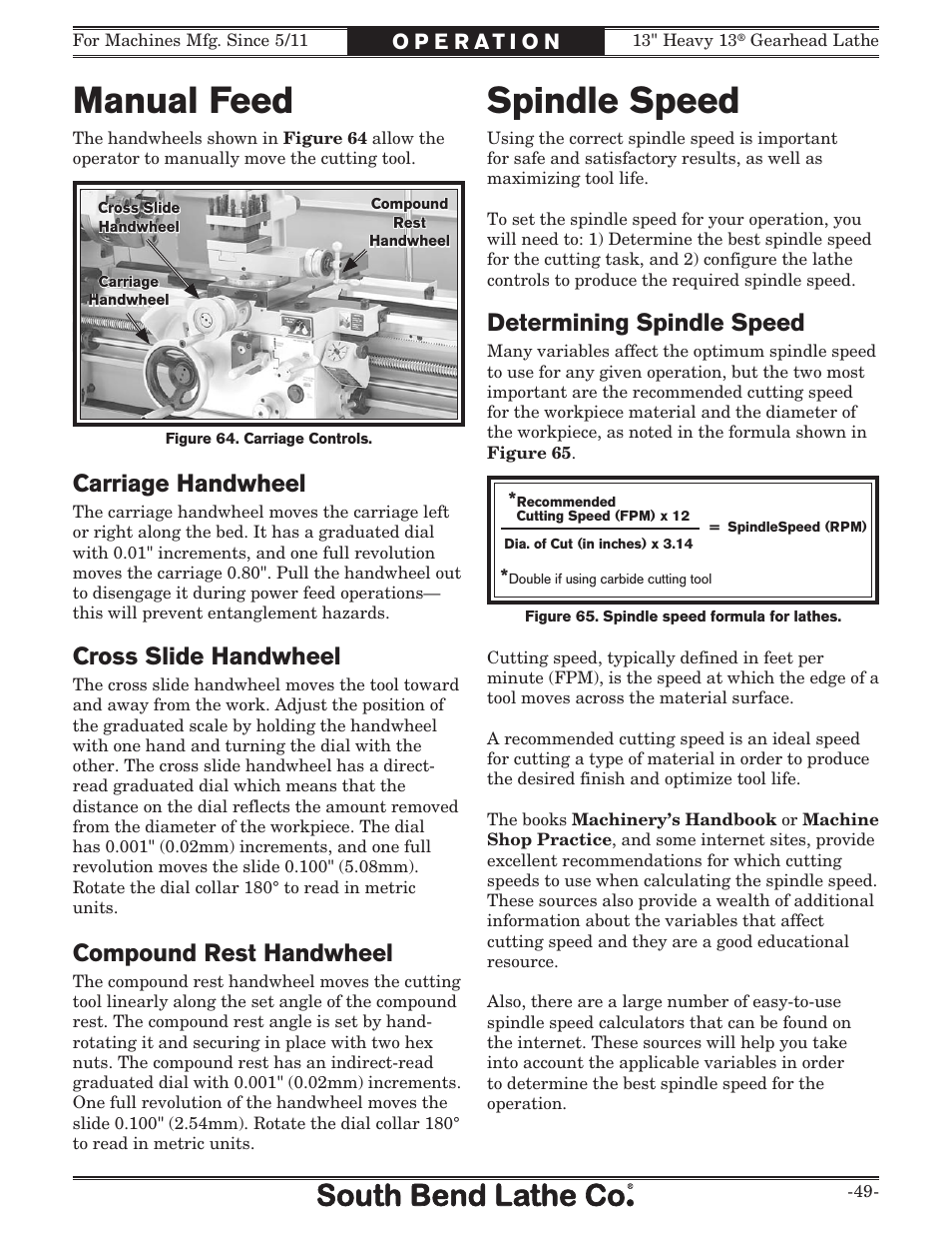 Manual feed, Spindle speed, Carriage handwheel | Cross slide handwheel, Compound rest handwheel, Determining spindle speed | Southbend 13" Heavy 13 Gearhead lathe SB User Manual | Page 51 / 132