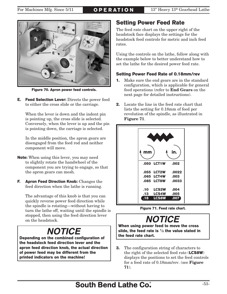 Setting power feed rate, Mm in | Southbend 13" Heavy 13 Gearhead lathe SB User Manual | Page 55 / 132