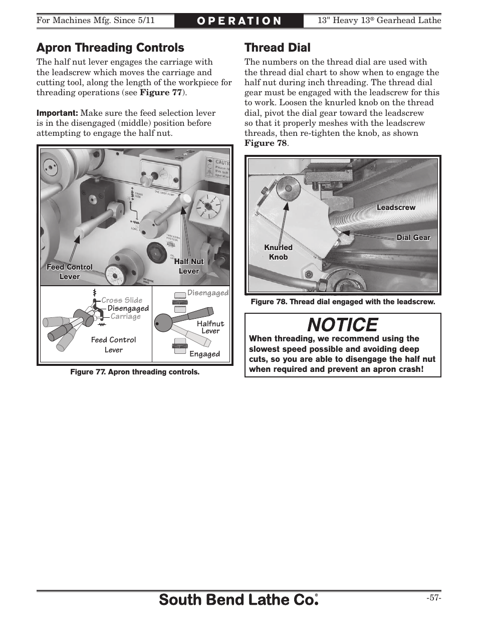 Apron threading controls, Thread dial | Southbend 13" Heavy 13 Gearhead lathe SB User Manual | Page 59 / 132