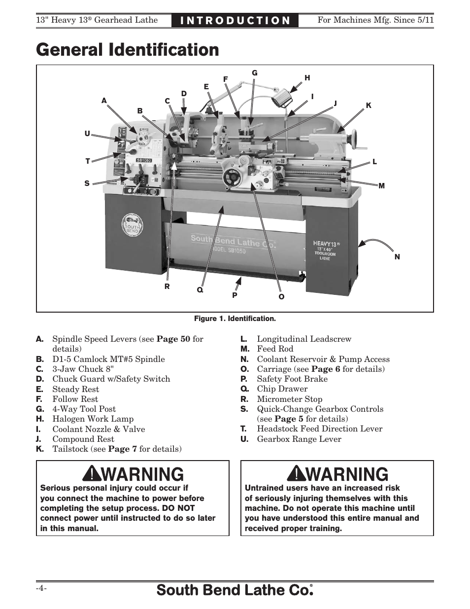 General identiﬁcation | Southbend 13" Heavy 13 Gearhead lathe SB User Manual | Page 6 / 132