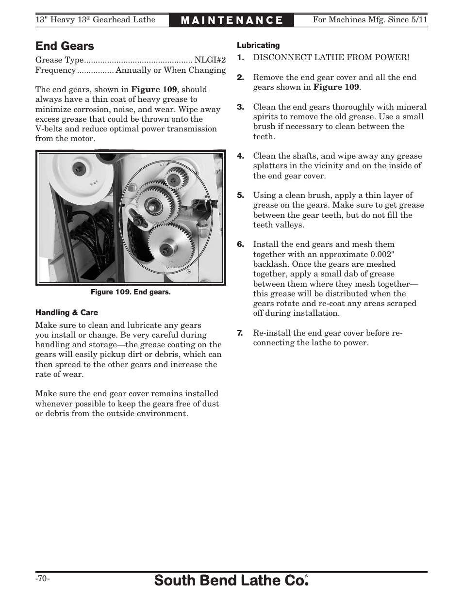 End gears | Southbend 13" Heavy 13 Gearhead lathe SB User Manual | Page 72 / 132