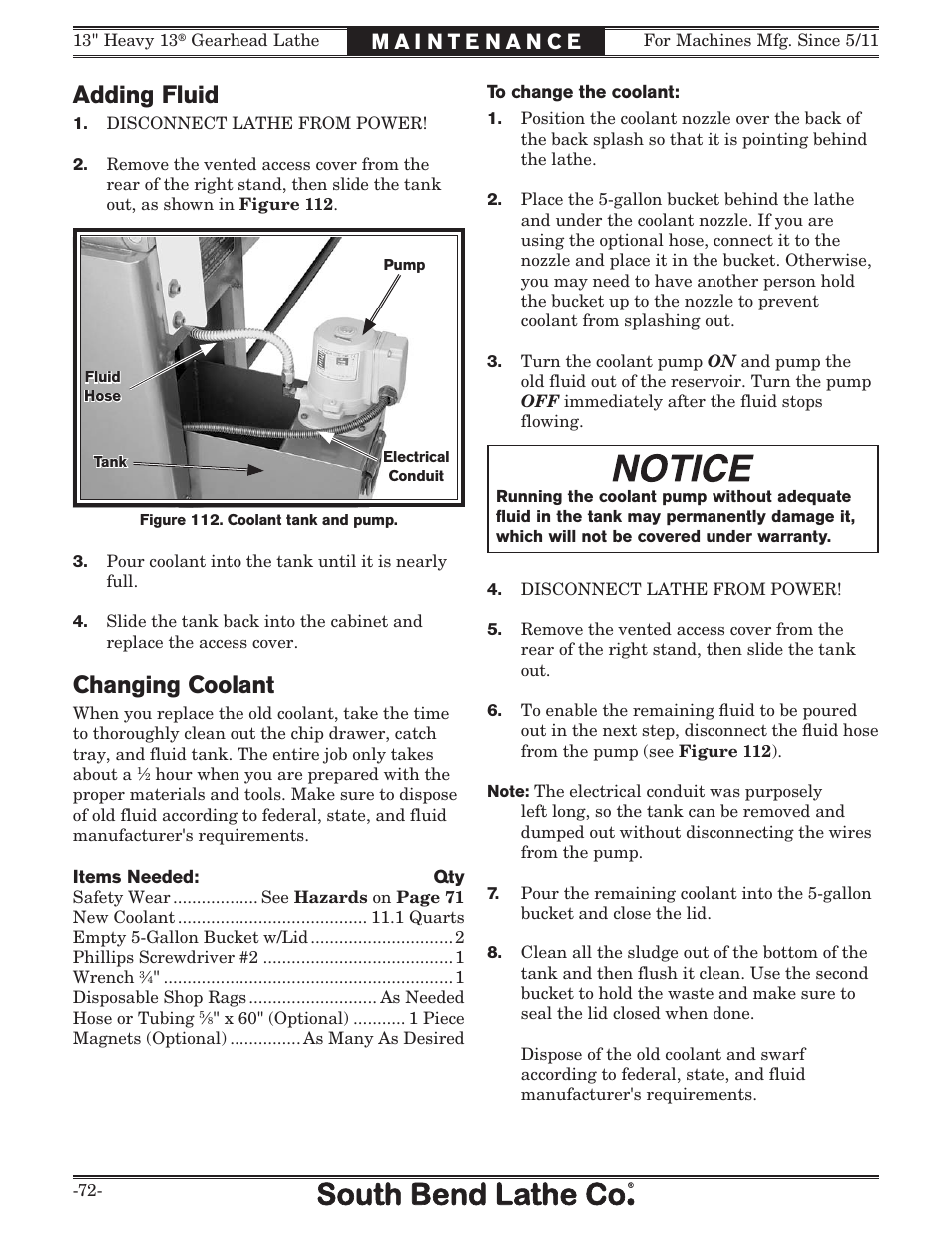 Adding fluid, Changing coolant | Southbend 13" Heavy 13 Gearhead lathe SB User Manual | Page 74 / 132