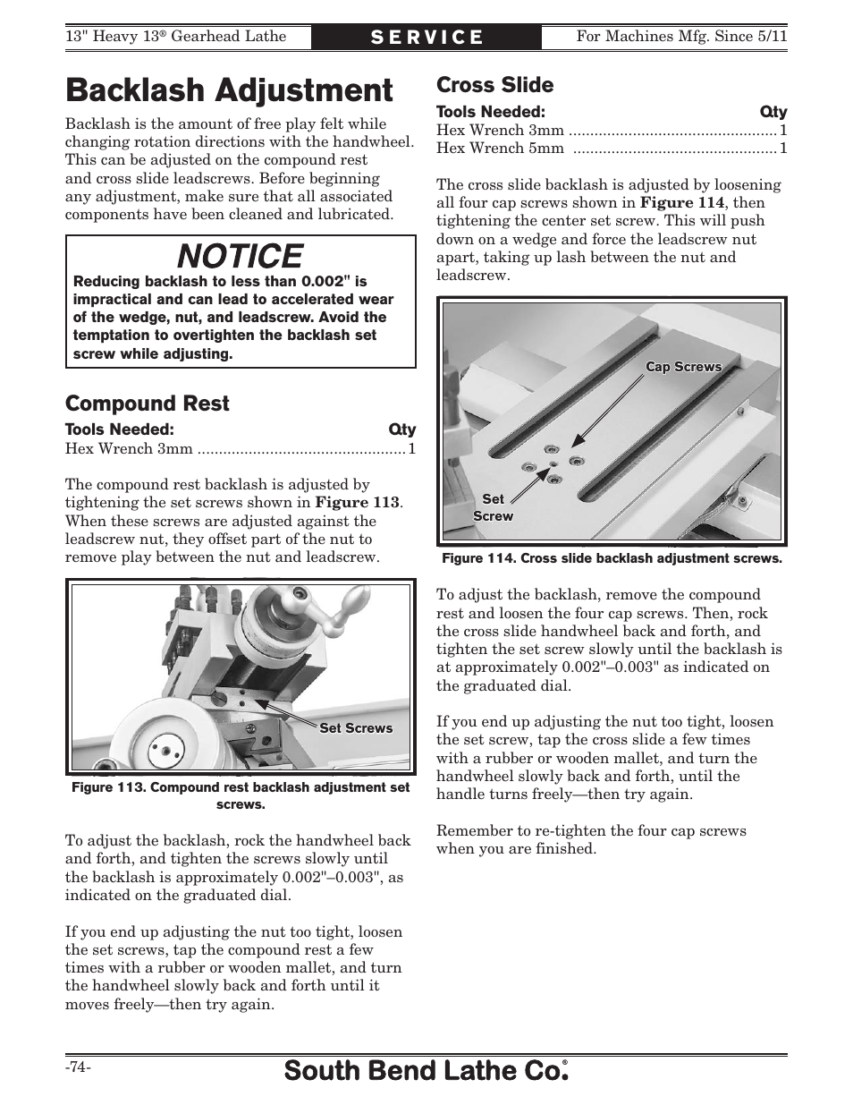 Backlash adjustment, Cross slide, Compound rest | Southbend 13" Heavy 13 Gearhead lathe SB User Manual | Page 76 / 132