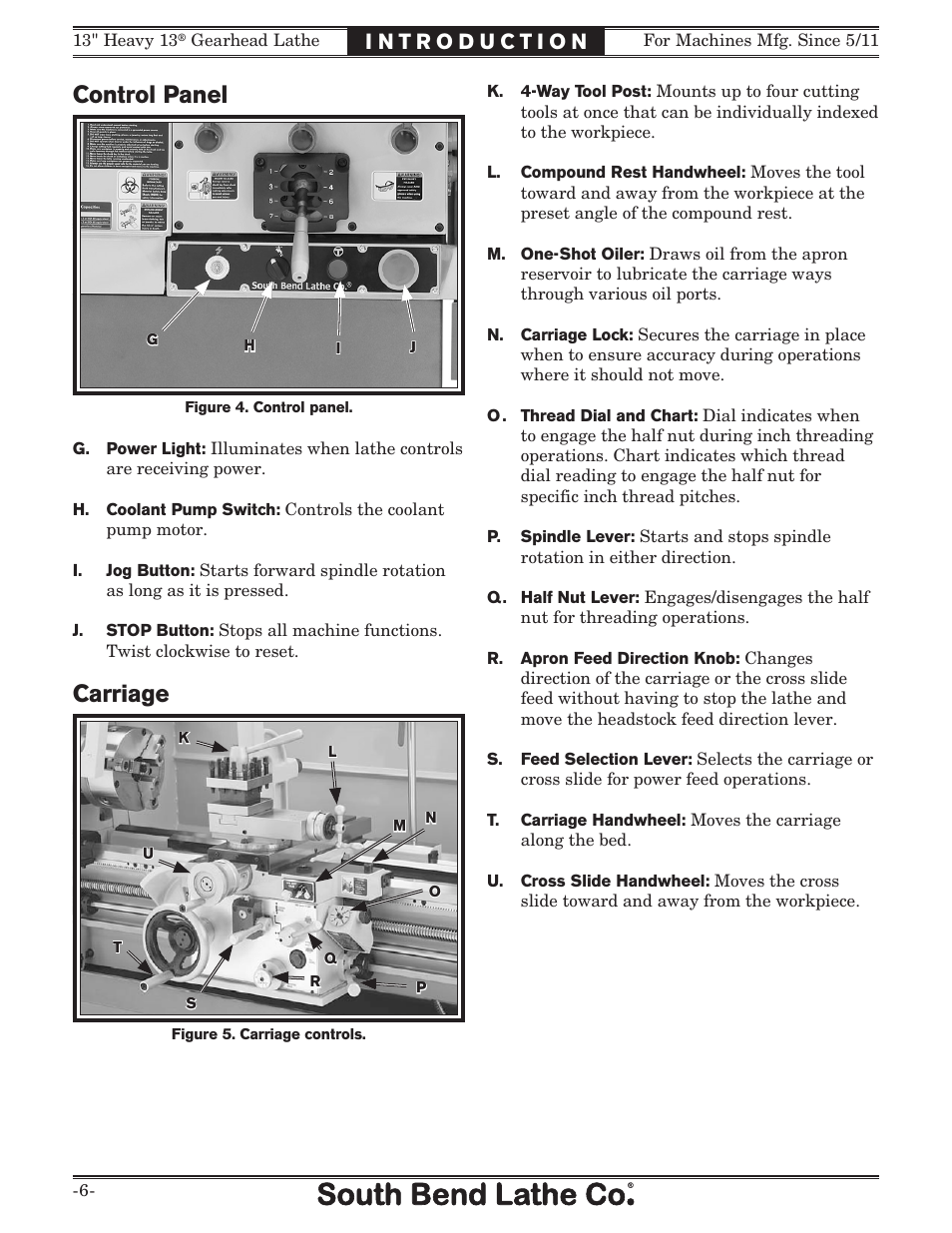 Control panel, Carriage | Southbend 13" Heavy 13 Gearhead lathe SB User Manual | Page 8 / 132