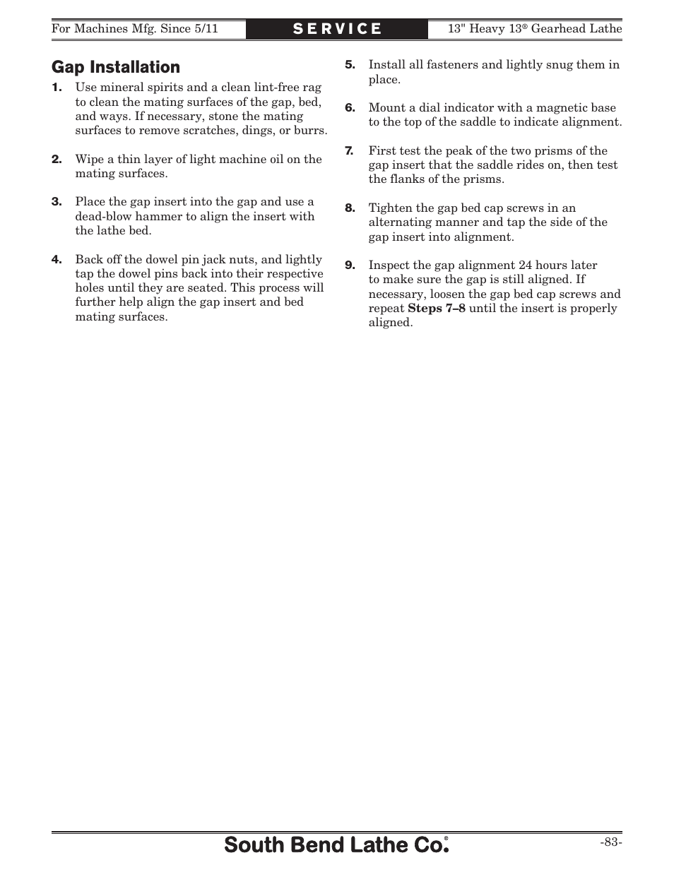 Gap installation | Southbend 13" Heavy 13 Gearhead lathe SB User Manual | Page 85 / 132