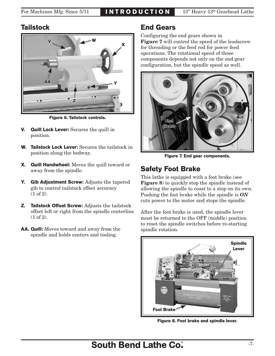 Tailstock, Safety foot brake, End gears | Southbend 13" Heavy 13 Gearhead lathe SB User Manual | Page 9 / 132