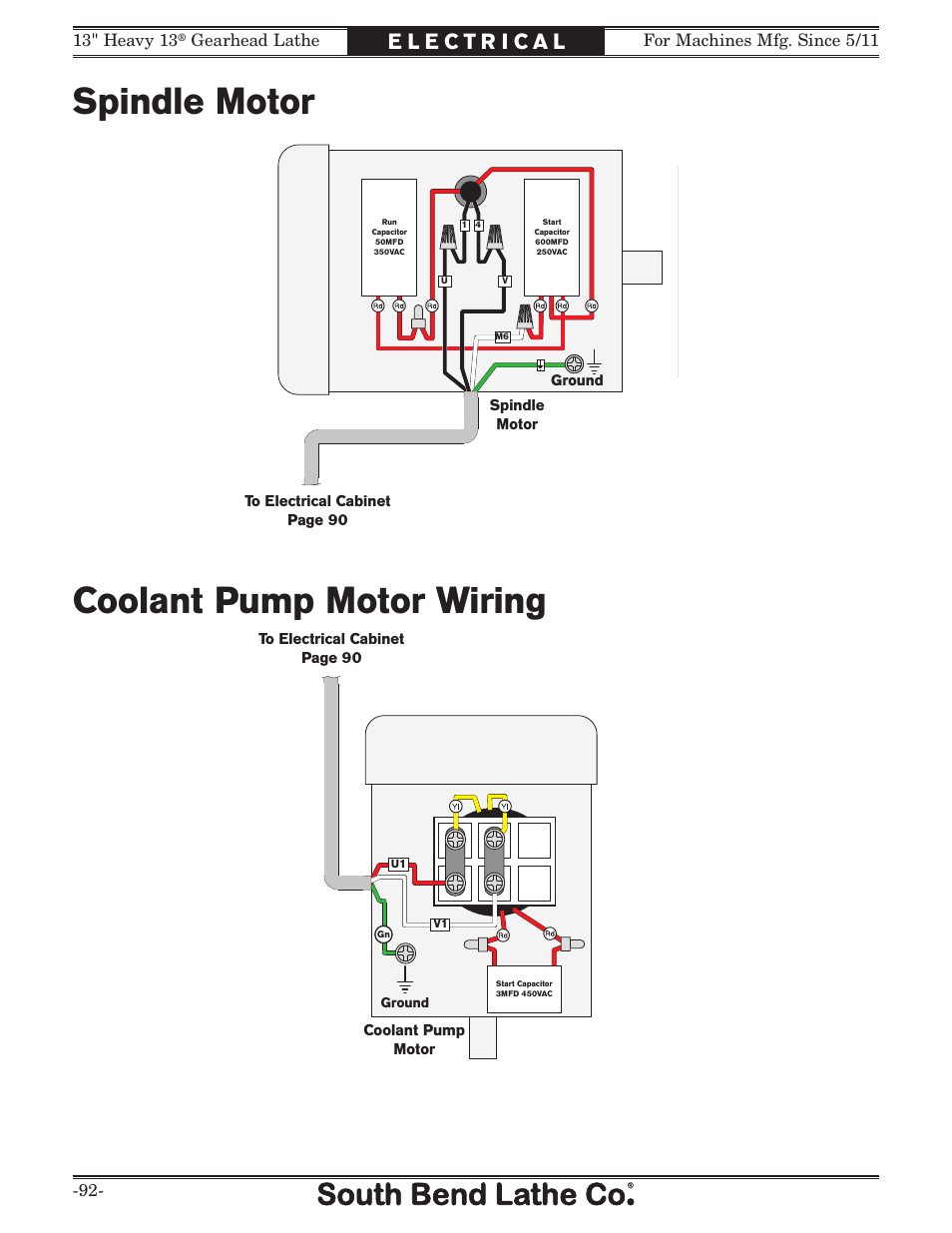 Spindle motor, Coolant pump motor wiring | Southbend 13" Heavy 13 Gearhead lathe SB User Manual | Page 94 / 132