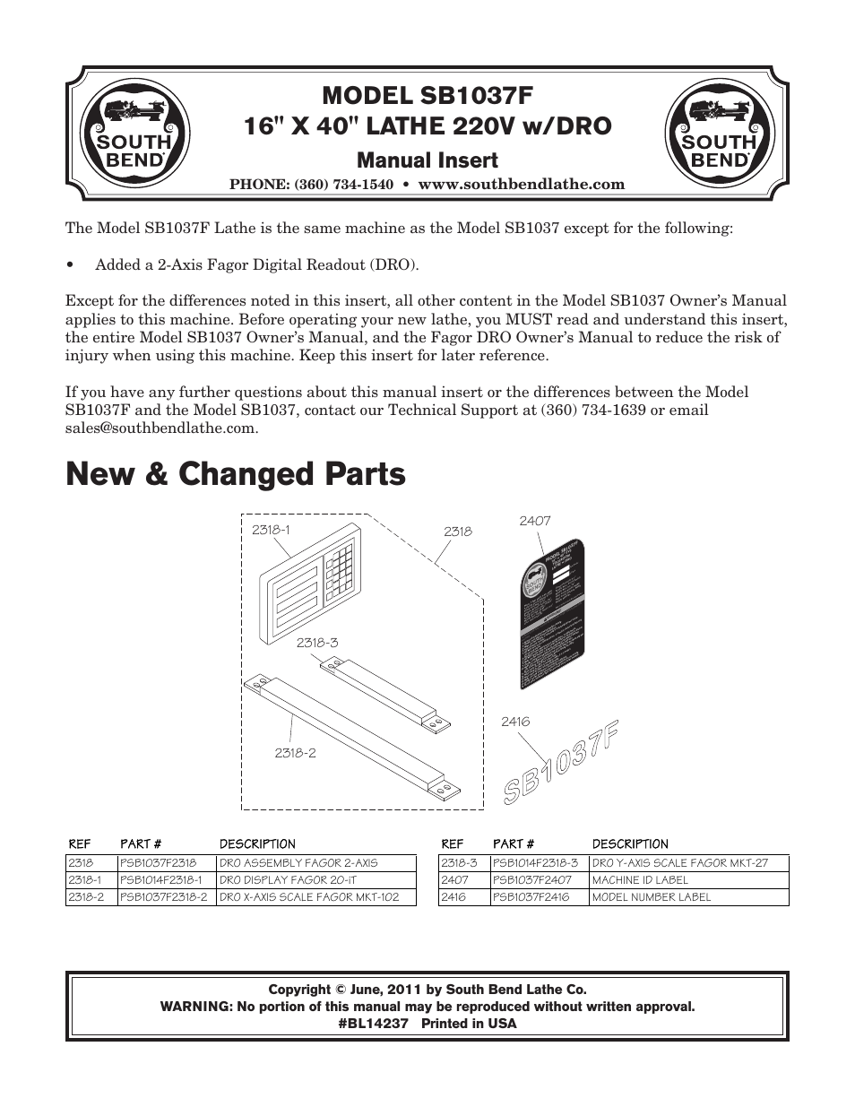 Southbend 16" X 40" LATHE 220V w/DRO SB1037F User Manual | 148 pages