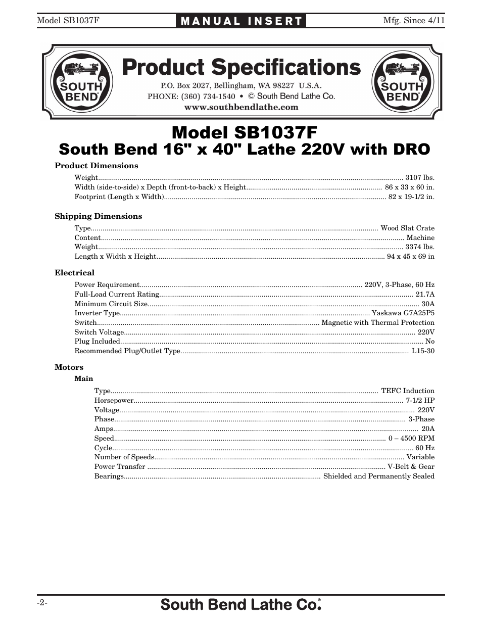 Model sb1037f | Southbend 16" X 40" LATHE 220V w/DRO SB1037F User Manual | Page 2 / 148