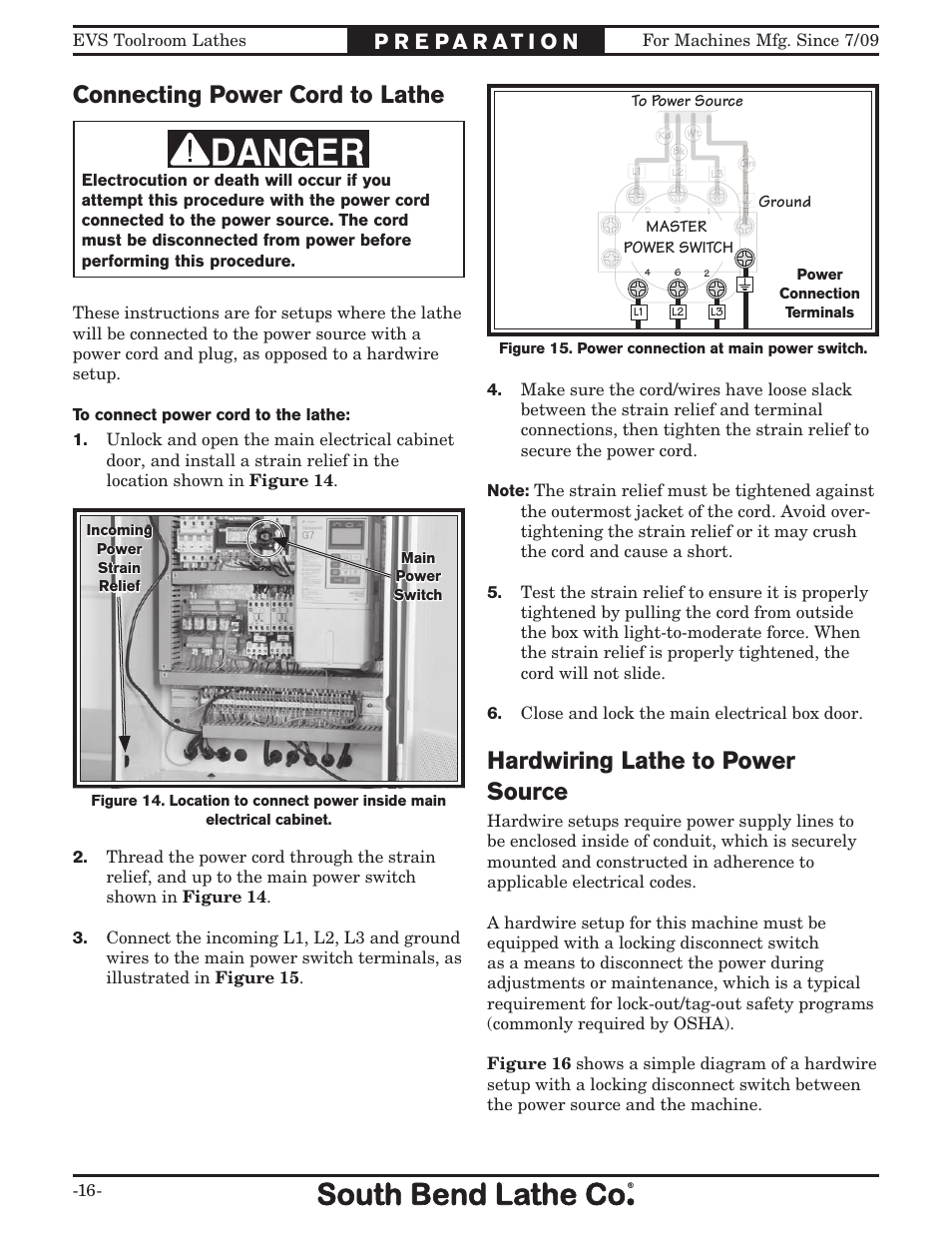 Connecting power cord to lathe, Hardwiring lathe to power source | Southbend 16" X 40" LATHE 220V w/DRO SB1037F User Manual | Page 22 / 148