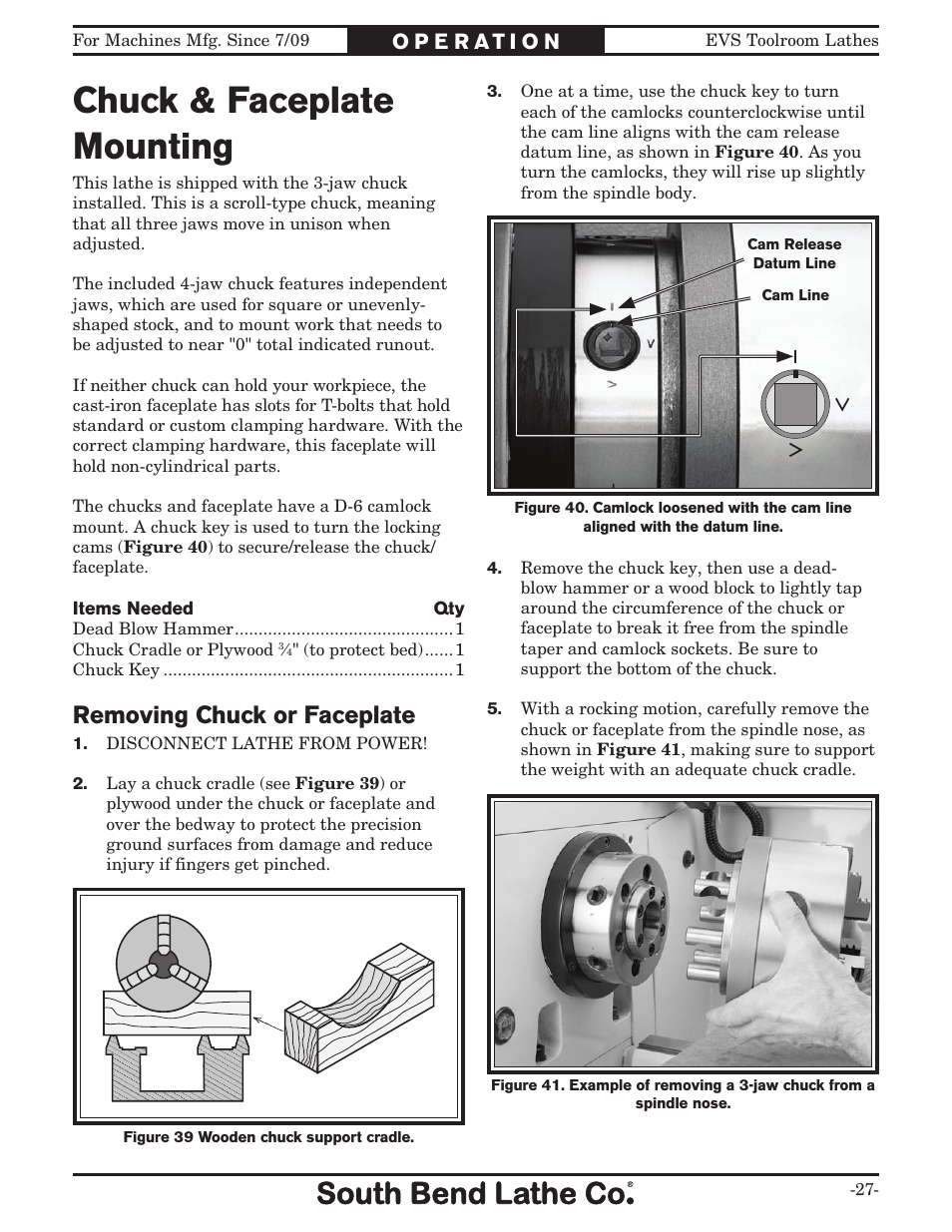 Chuck & faceplate mounting, Removing chuck or faceplate | Southbend 16" X 40" LATHE 220V w/DRO SB1037F User Manual | Page 33 / 148