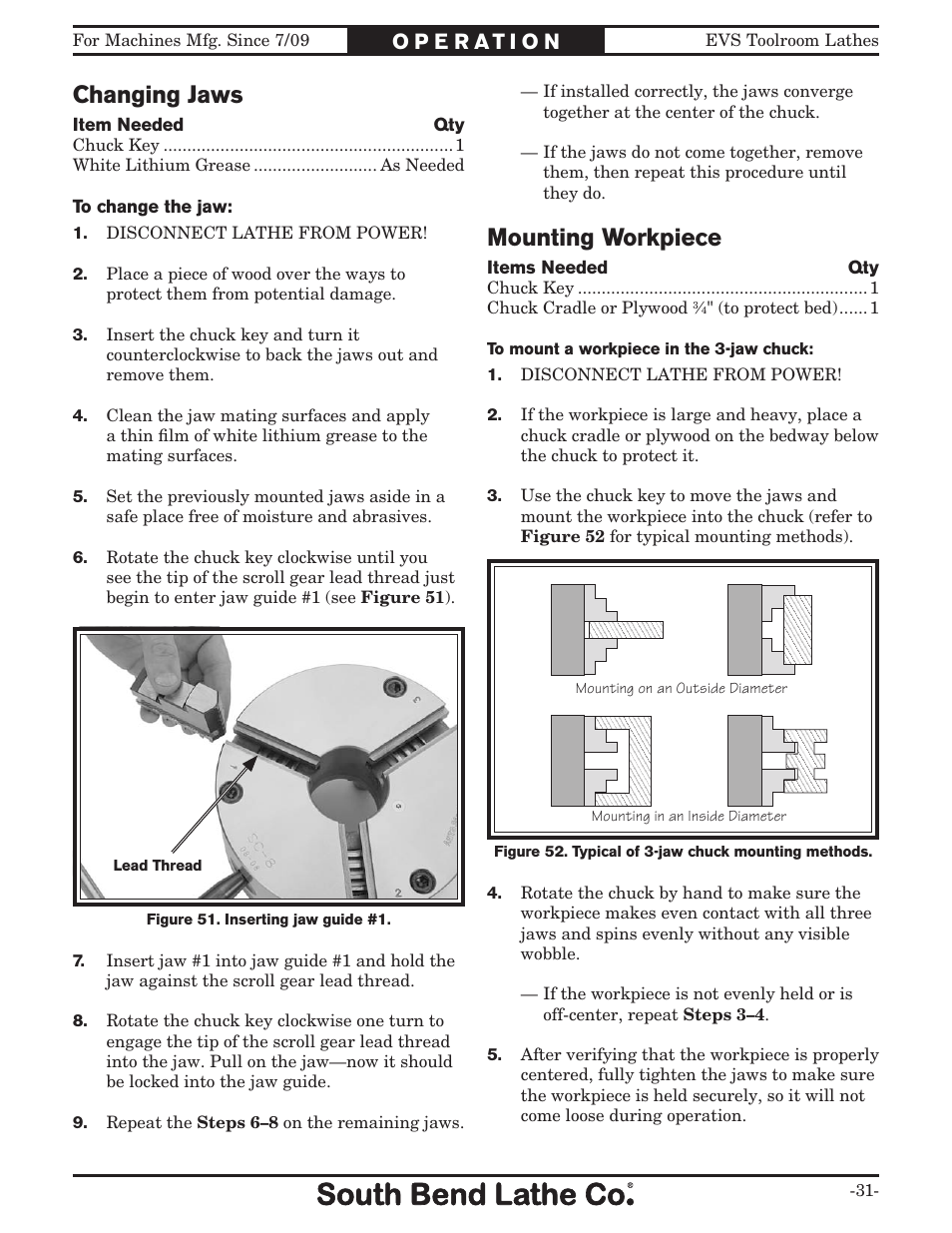 Changing jaws, Mounting workpiece | Southbend 16" X 40" LATHE 220V w/DRO SB1037F User Manual | Page 37 / 148