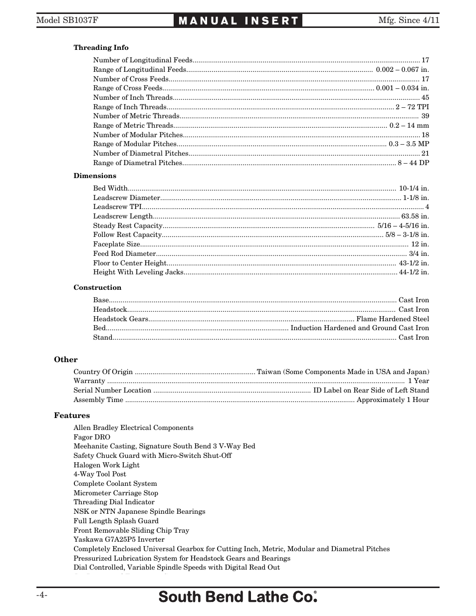 Southbend 16" X 40" LATHE 220V w/DRO SB1037F User Manual | Page 4 / 148
