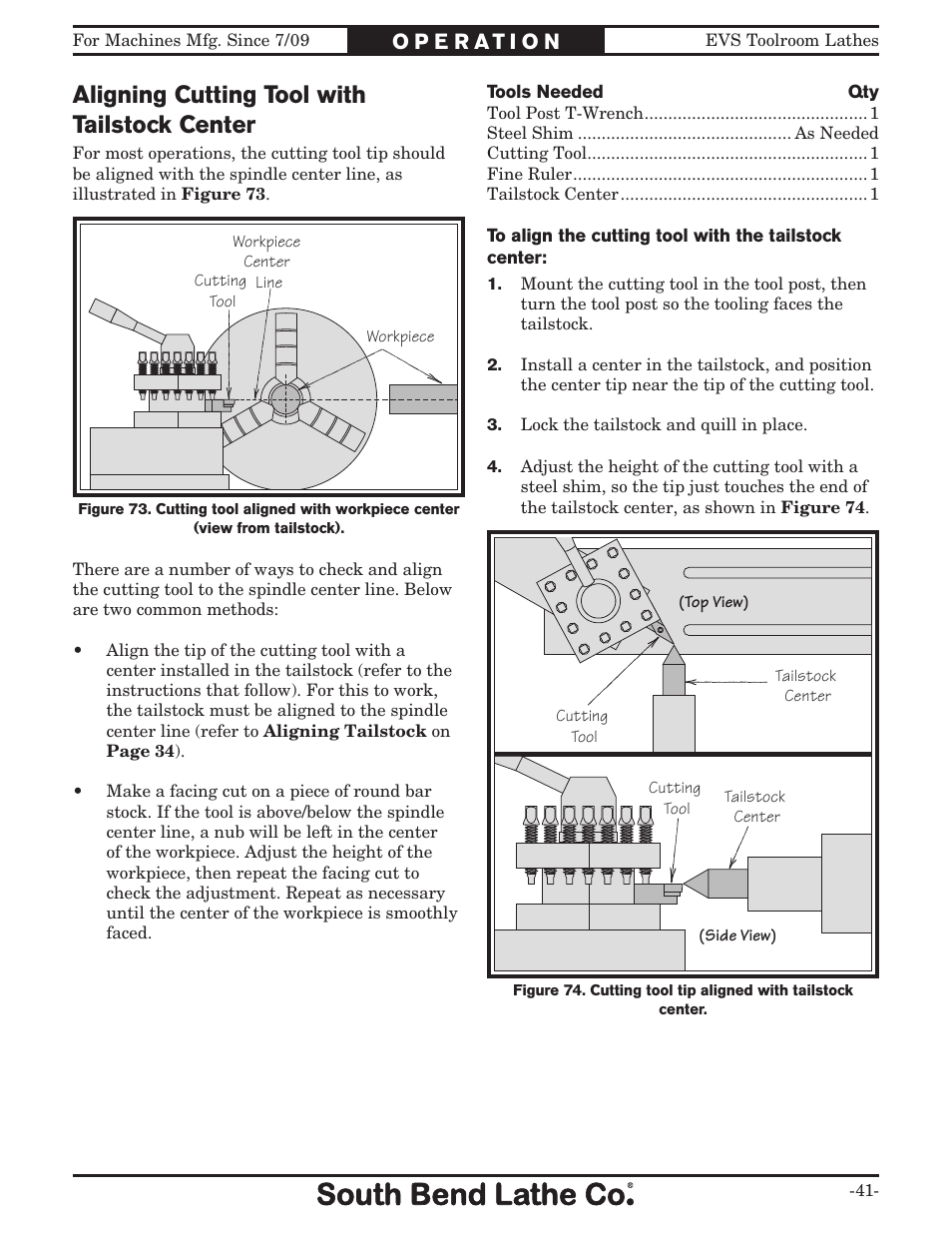 Aligning cutting tool with tailstock center | Southbend 16" X 40" LATHE 220V w/DRO SB1037F User Manual | Page 47 / 148