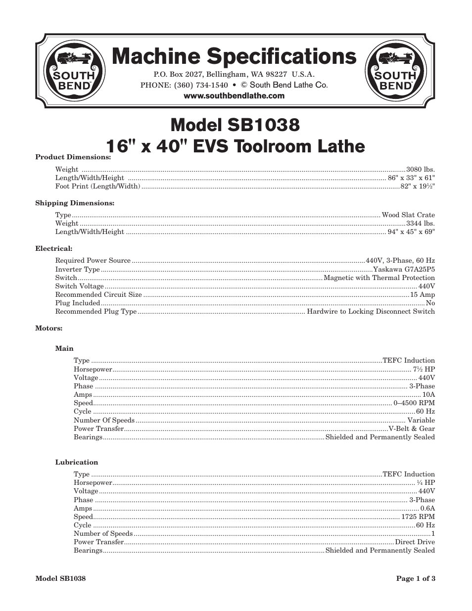 Machine specifications | Southbend 16" X 40" LATHE 220V w/DRO SB1037F User Manual | Page 89 / 148