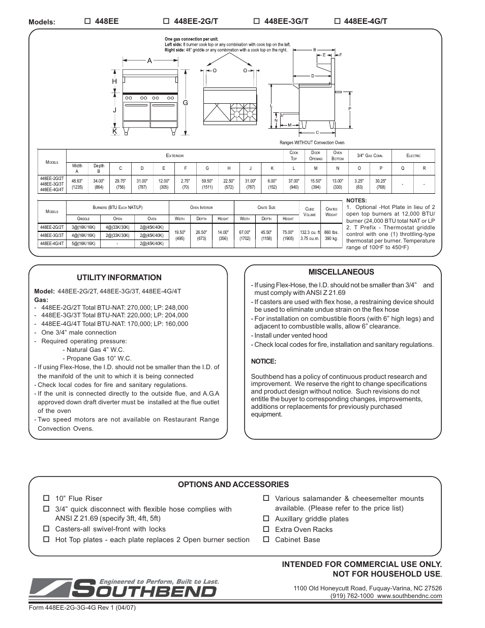 448ee, 448ee-2g/t, 448ee-3g/t | Options and accessories, Miscellaneous, Utility information, Models | Southbend 448EE-2G/T User Manual | Page 2 / 2