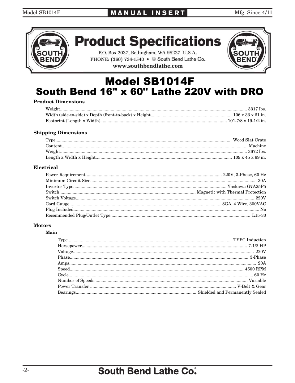 0rgho6%), 6rxwk%hqg[/dwkh9zlwk'52 | Southbend SB1014F User Manual | Page 2 / 148