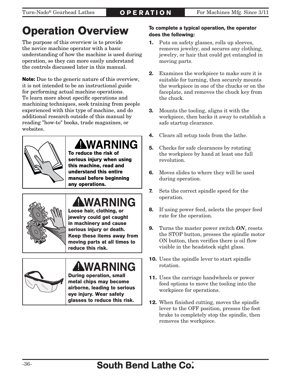 Operation overview | Southbend SB1046PF User Manual | Page 38 / 140