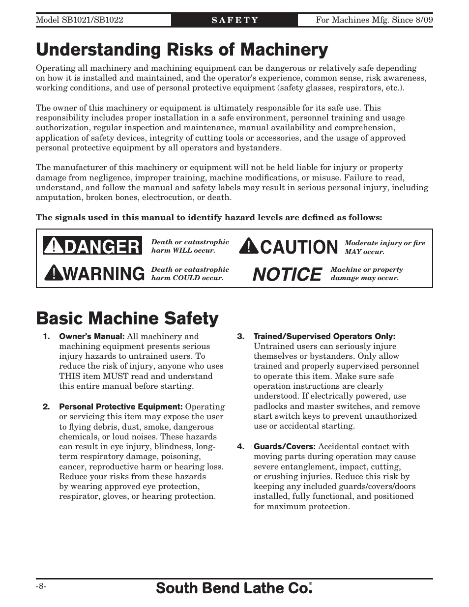 Understanding risks of machinery, Basic machine safety | Southbend SB1022 User Manual | Page 10 / 64