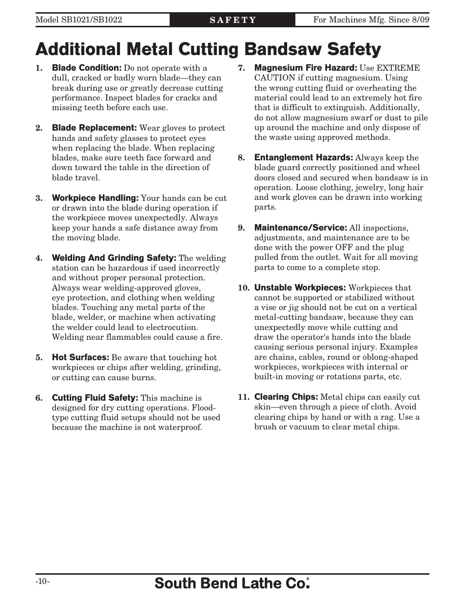 Additional metal cutting bandsaw safety | Southbend SB1022 User Manual | Page 12 / 64