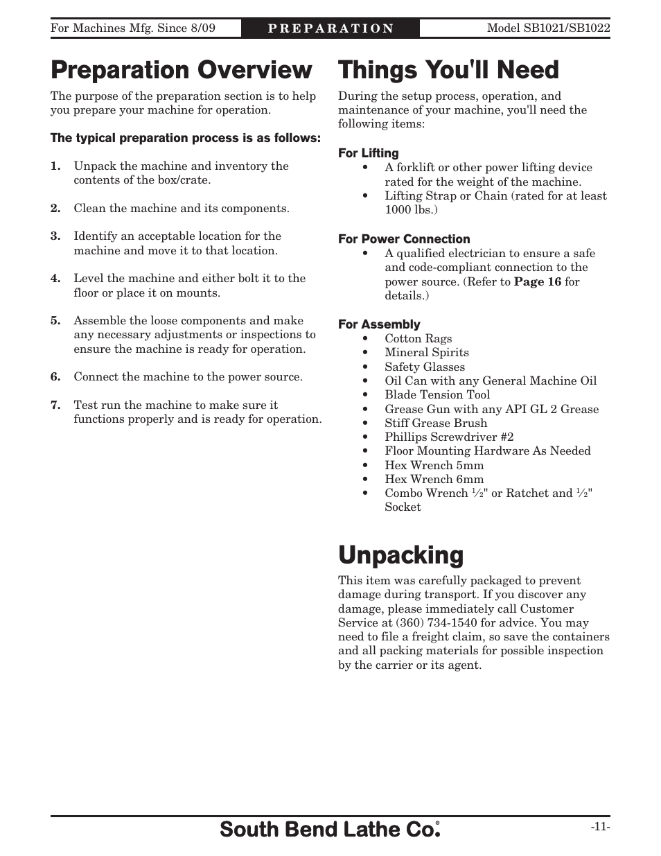 Preparation overview, Things you'll need, Unpacking | Southbend SB1022 User Manual | Page 13 / 64
