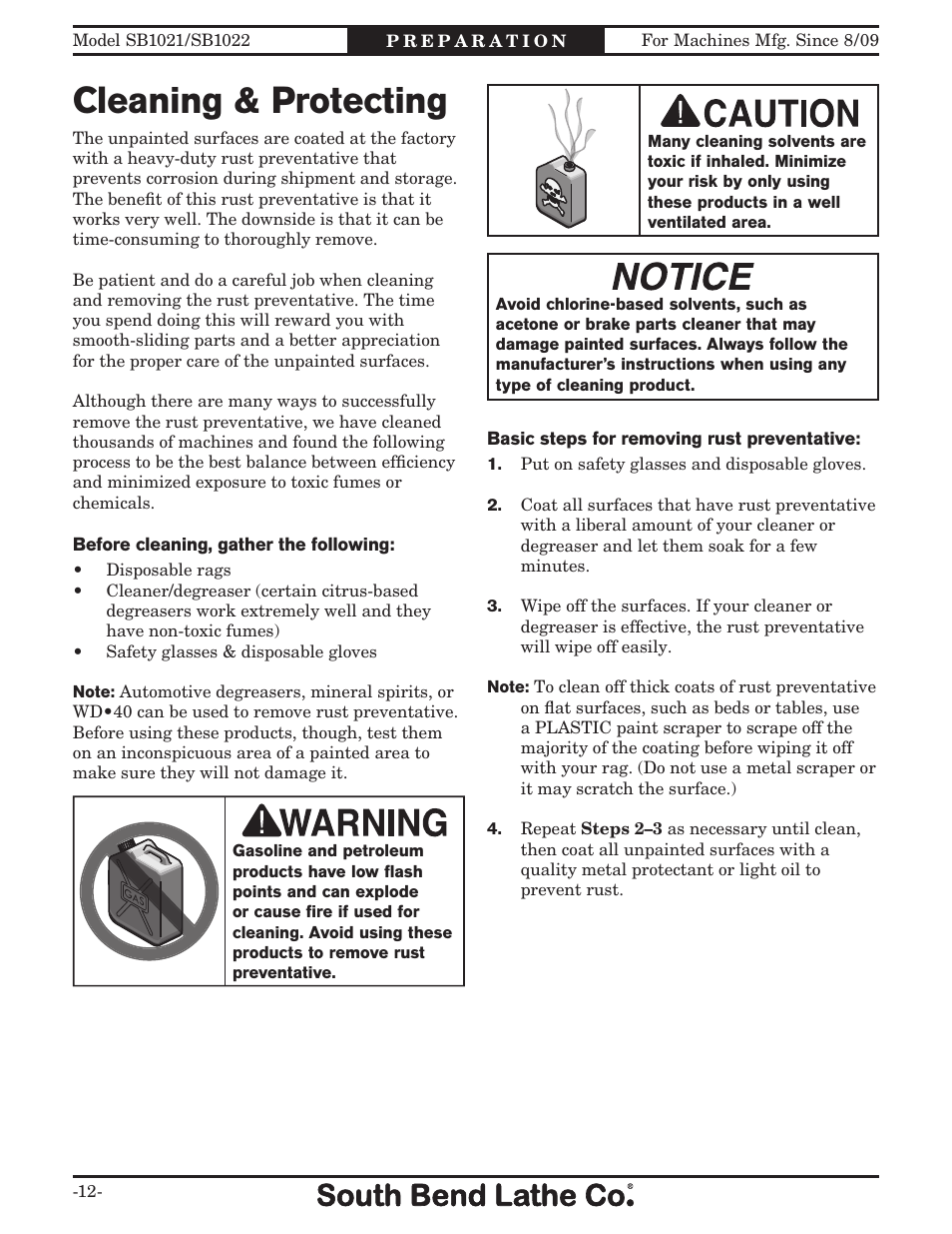 Cleaning & protecting | Southbend SB1022 User Manual | Page 14 / 64