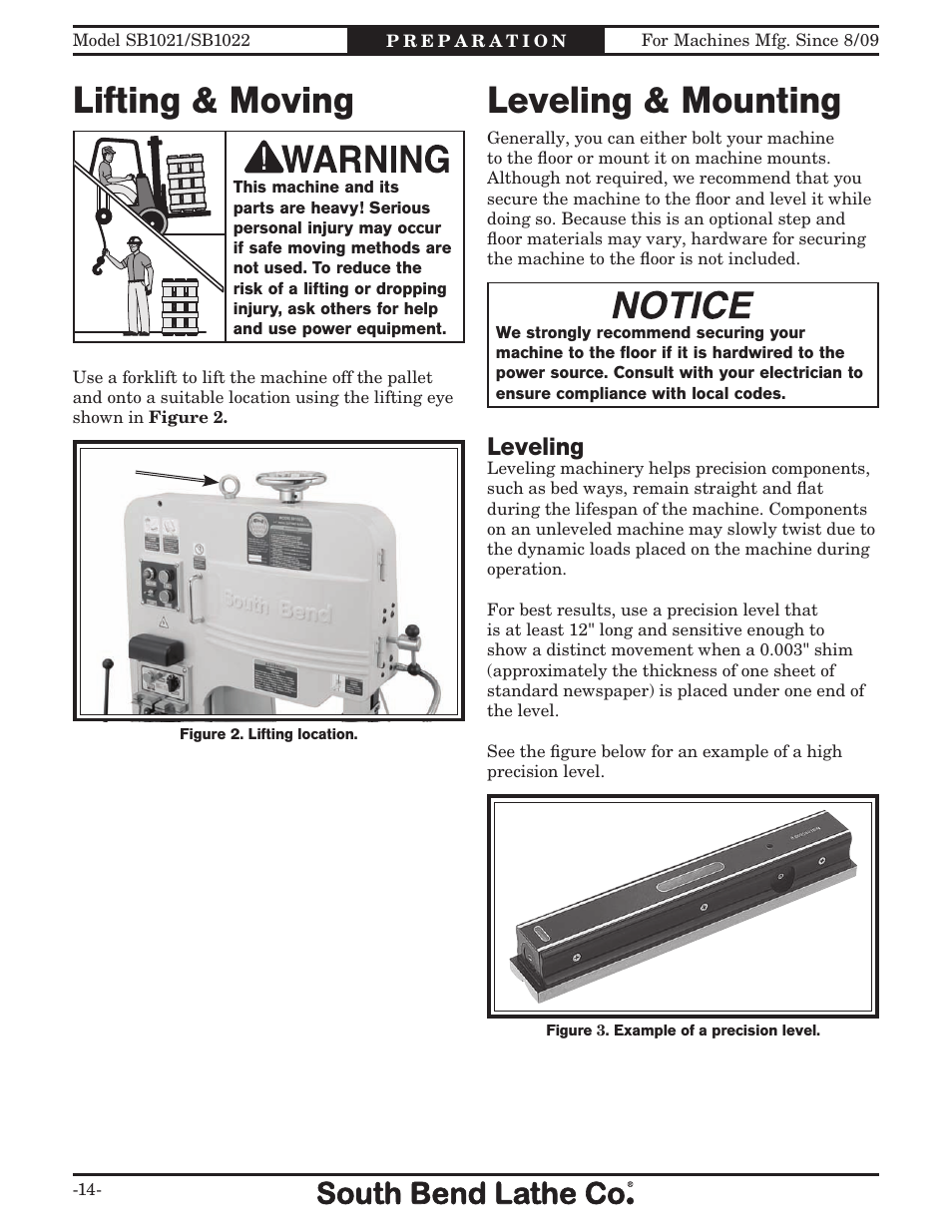Lifting & moving, Leveling & mounting, Leveling | Southbend SB1022 User Manual | Page 16 / 64